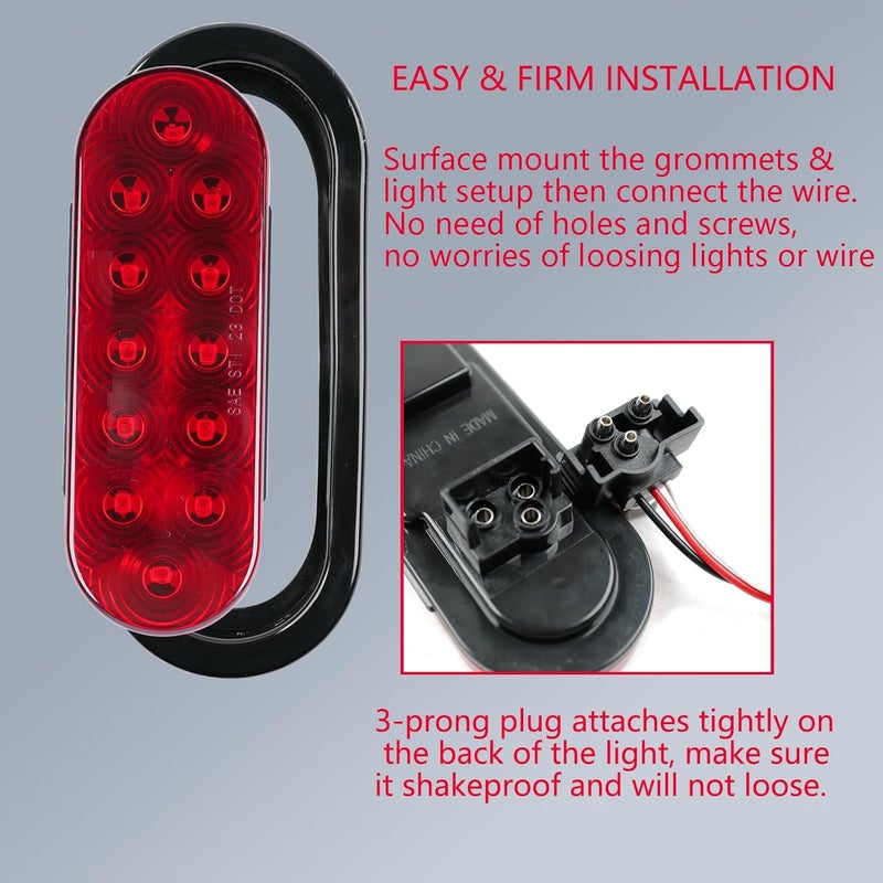 fouwick 2Pcs 6" Oval LED Red Tail Trailer Light 12LEDs, IP65 Waterproof, Stop Brake Turn Signal Reverse marker, Surface Mount, For Bus Lorry Camper Boat Bus Truck RV Pickup Golf Cart Motorcycle - Image 4